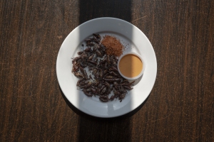 Chapulines (grasshoppers) served as a side dish in a Southern Mexican restaurant in Los Angeles (California, 2024).